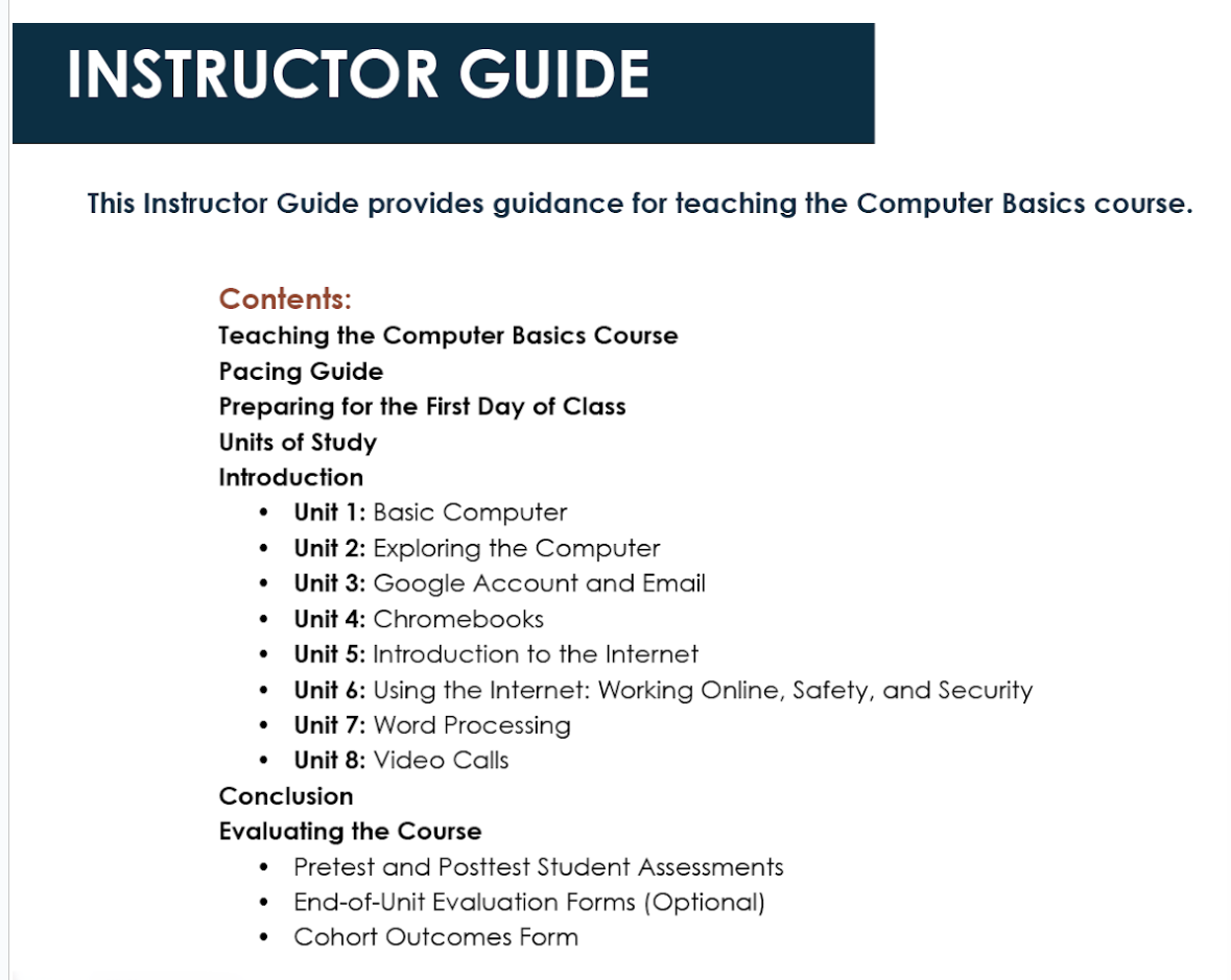 Instructor Guide Table of Contents